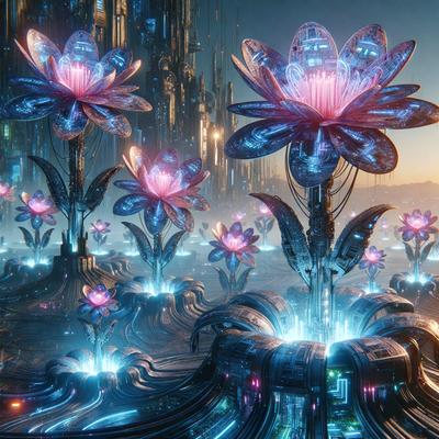 The primary subject of the image is a group of purple flowers, which are the main objects in the scene. The setting is a futuristic environment, with a backdrop of a cityscape and a sky in the background. The visual style is a combination of photo and digital art, creating a unique and captivating image. The dominant colors are purple and blue, giving the scene a calm and serene atmosphere.